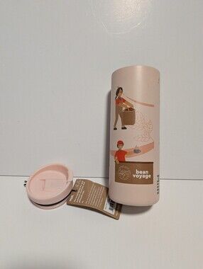 MiiR travel tumbler features a "Bean Voyage" graphic and a pale pink lid 12 Oz